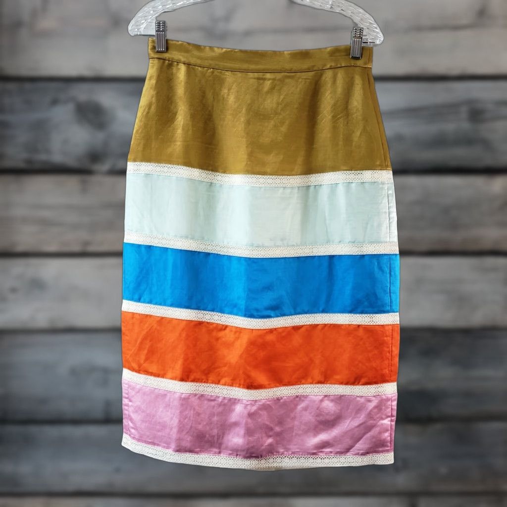 J.Crew J.CREW Skirt Crochet Ribbon Colorblock Tall 4 Pink Blue Linen Blend Midi Straight & Pencil Womens Size 27" / US 4 / IT 40 - 1 Thumbnail