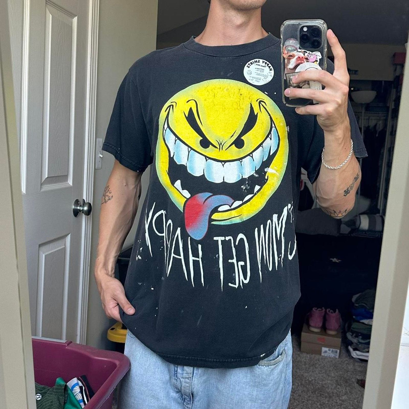 Vintage Rare Vintage 90s Happy Smiley Face Graphic Painter Shirt Tee Size US L / EU 52-54 / 3 - 6 Thumbnail
