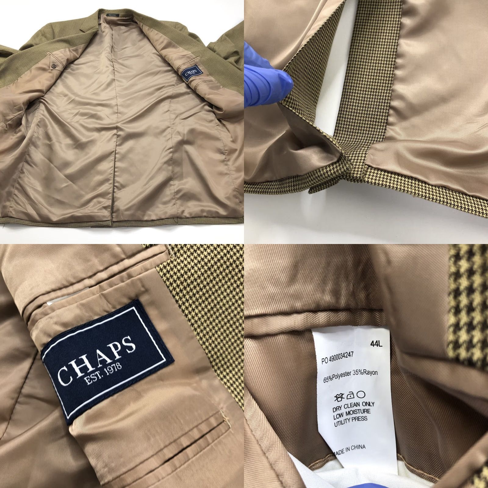Chaps Chaps Houndstooth Blazer 44 L Men’s 100% Wool Blend Button Sport Coat Jacket Tan Brown Size 48R - 9 Thumbnail