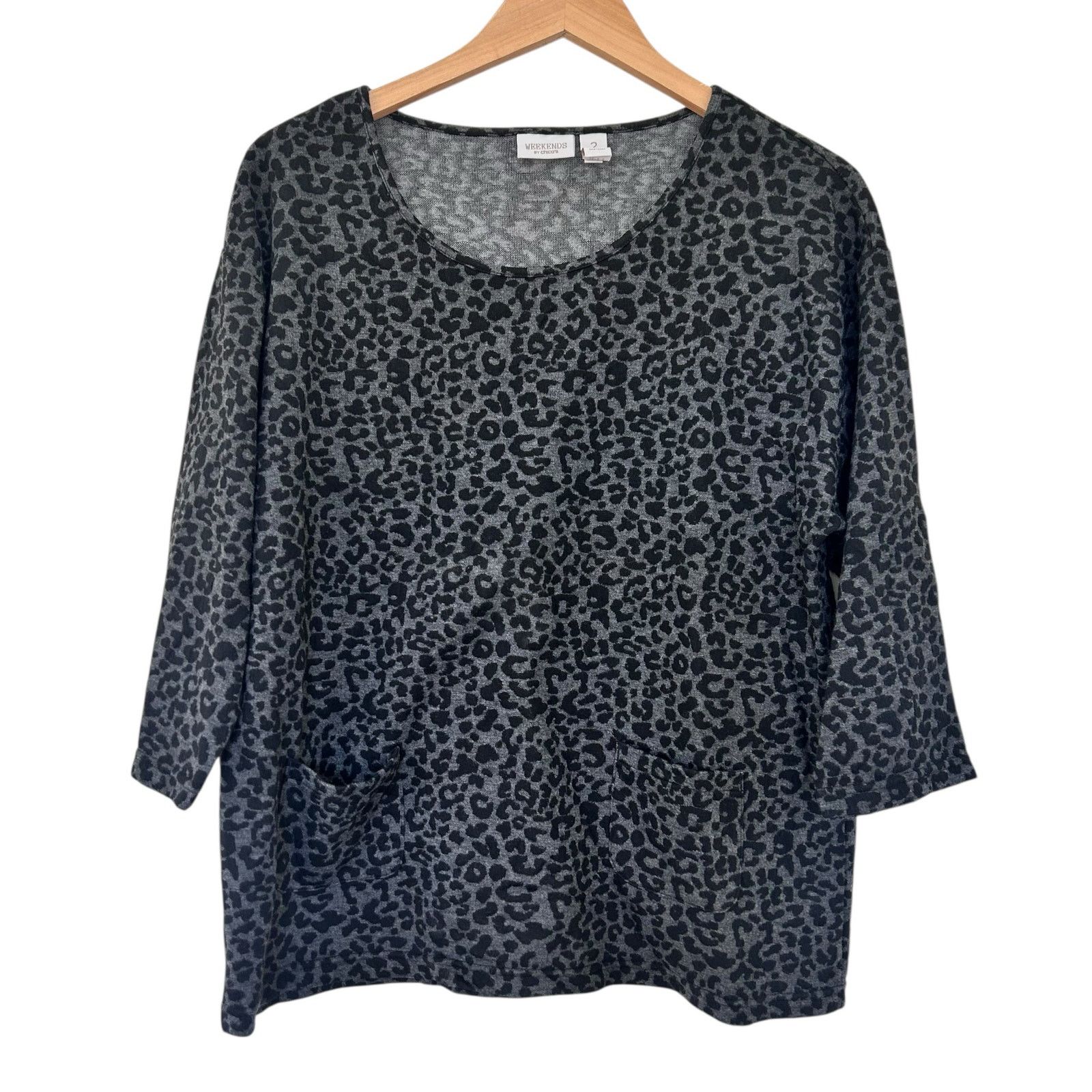 Chicos Weekends by Chicos Gray Black Leopard Print 3/4 Sleeve Shirt Size L / US 10 / IT 46 - 1 Thumbnail