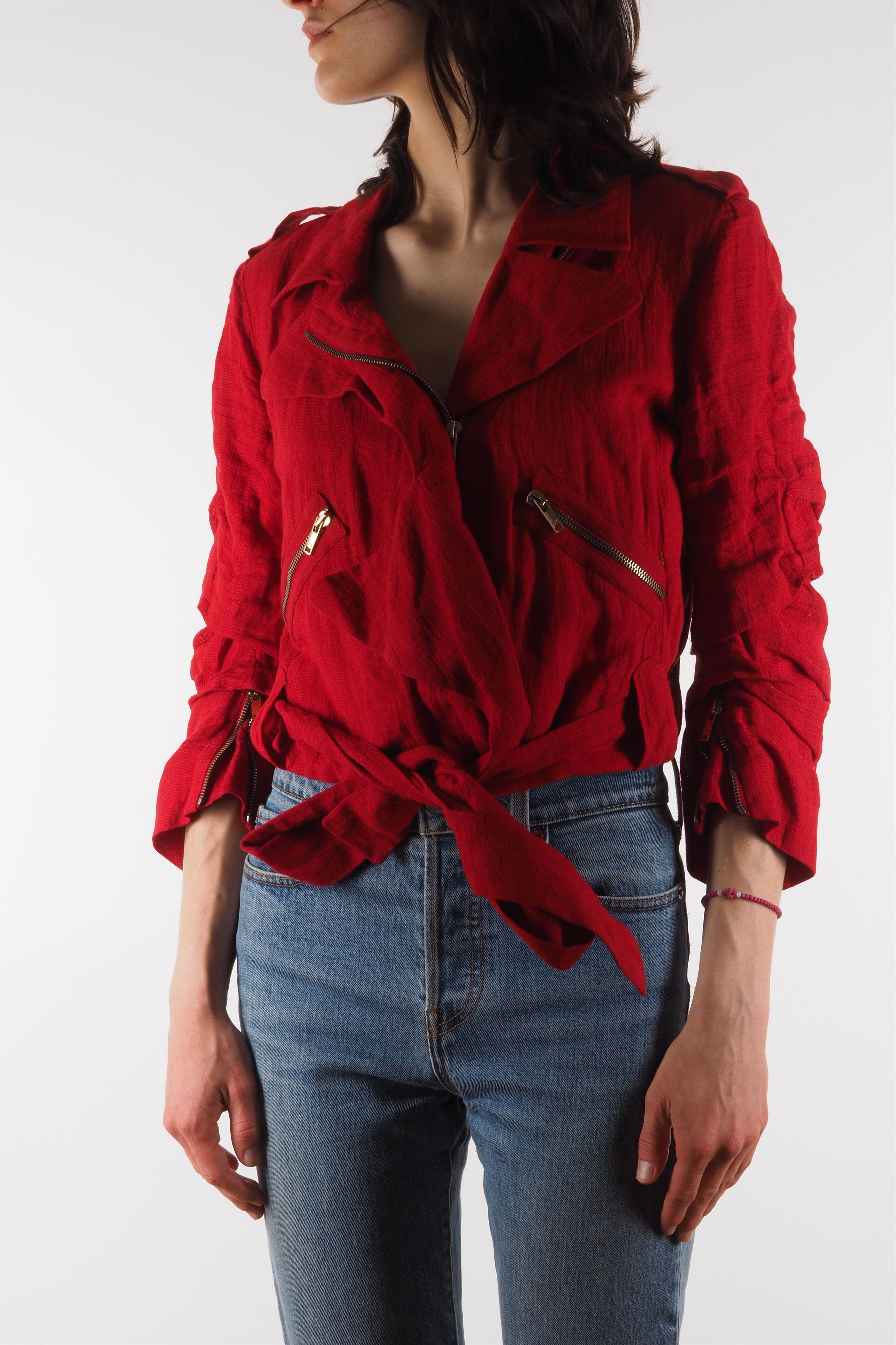 Sonia Rykiel Sonia Rykiel Vintage Red Cropped Draped Linen Moto Jacket Size S / US 4 / IT 40 - 3 Thumbnail