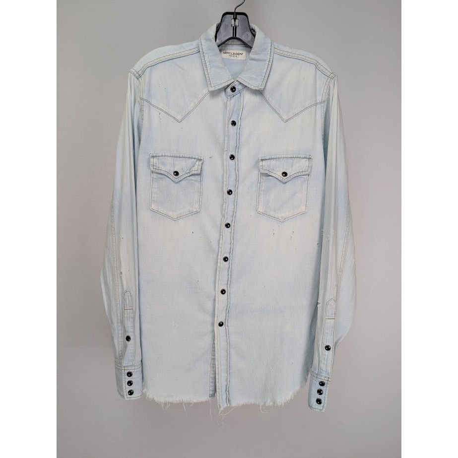 Saint Laurent Paris o1rshd1 CC20 Distressed Western Shirt in Sky Blue Size US M / EU 48-50 / 2 - 1 Thumbnail