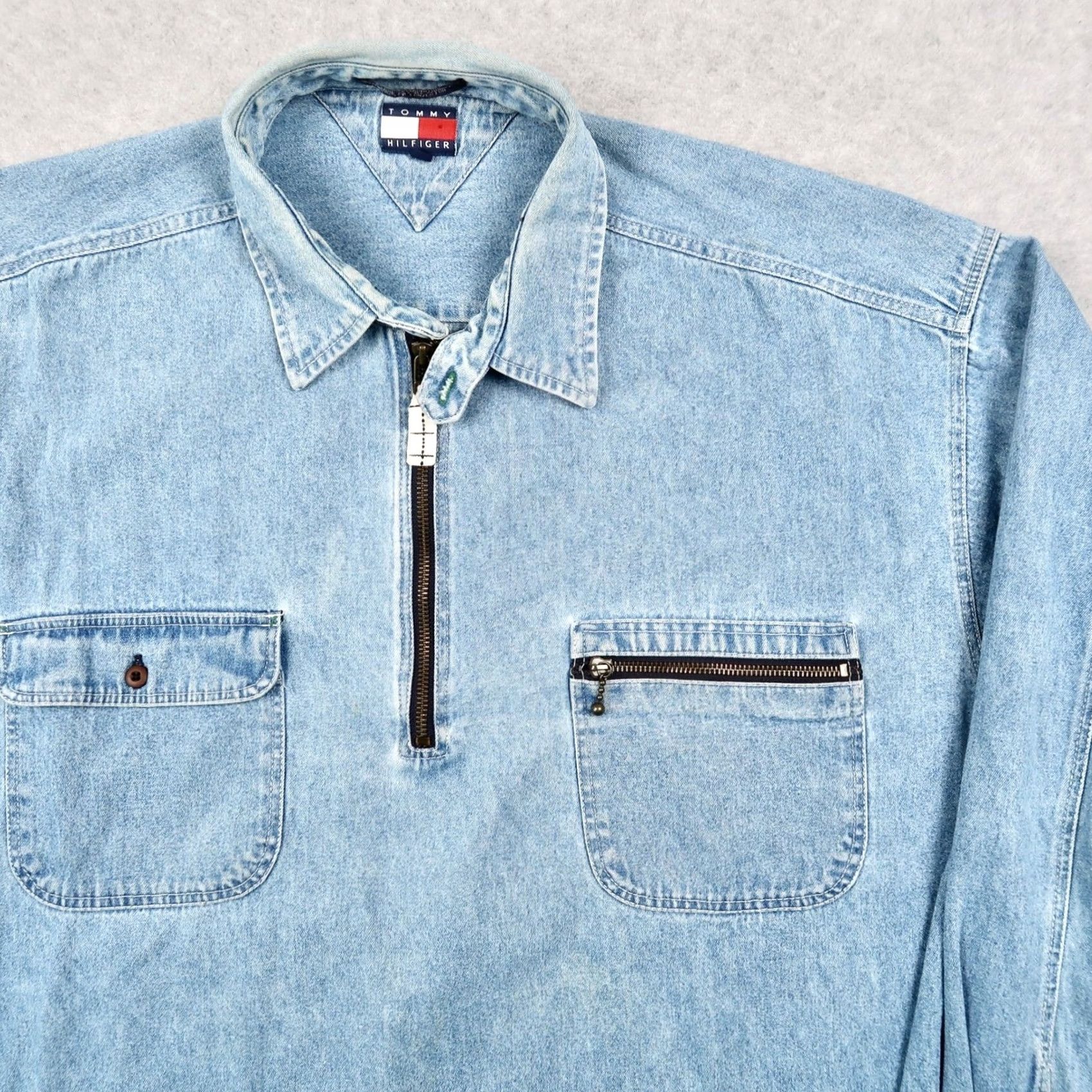Tommy Hilfiger VINTAGE Tommy Hilfiger Shirt Mens XL Blue 90s Quarter Zip Pullover Denim Size US XL / EU 56 / 4 - 3 Thumbnail