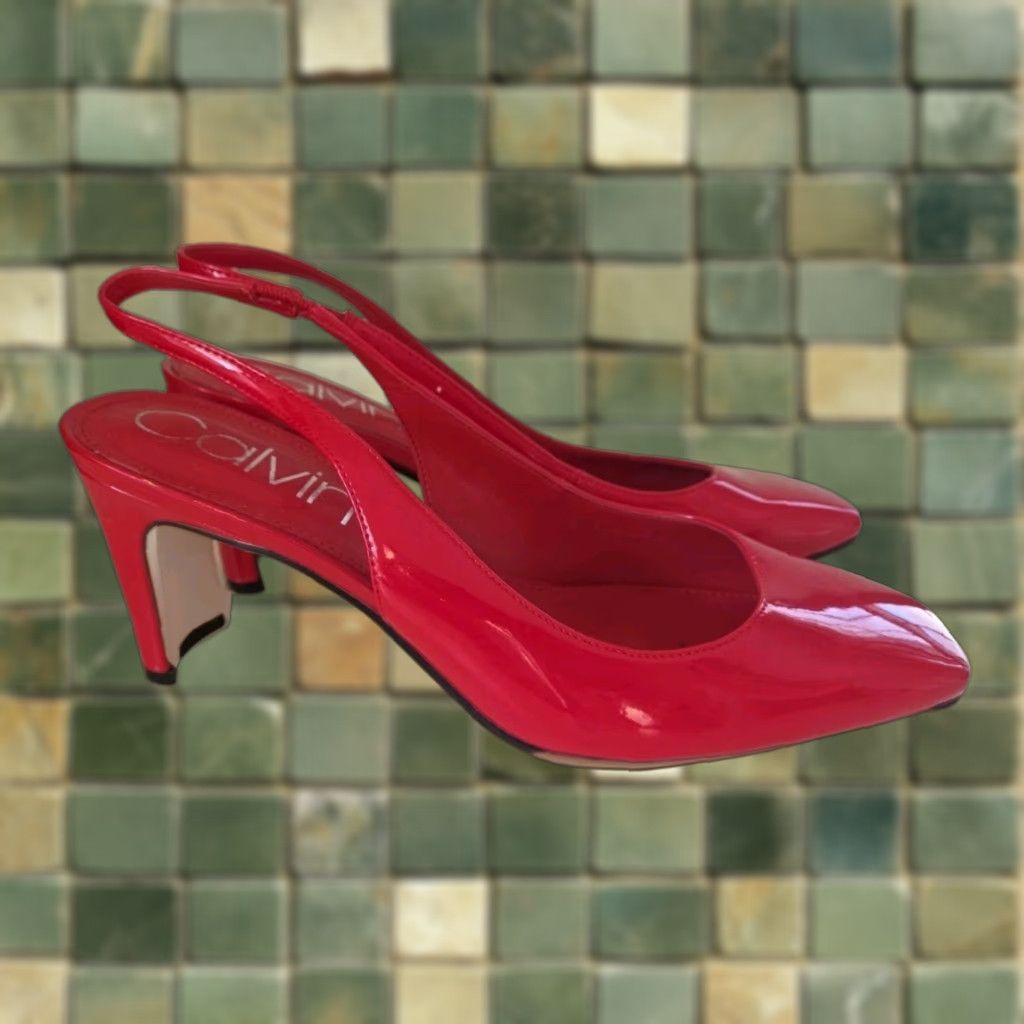 Calvin Klein VINTAGE CALVIN KLEIN Balan Red Shiny Slingback Pumps Women’s 9M Square Toes Size US 9 / IT 39 - 1 Thumbnail