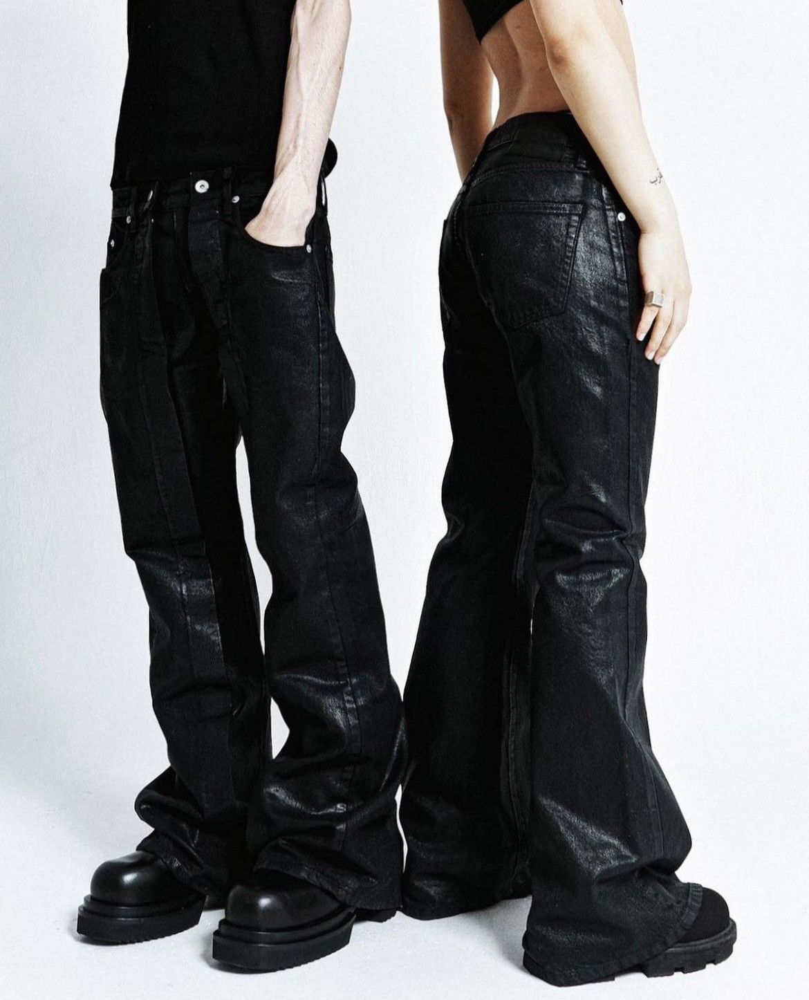 image of Designer No Mass Prod 02 “Gleam” Flared Jeans Black Waxed Denim, Men's (Size 30)