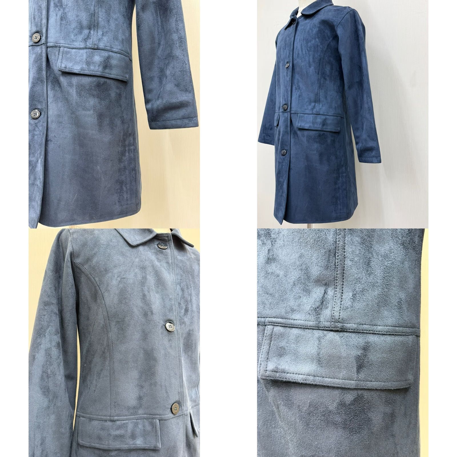 Vintage Women's Blue Leather Overcoat Shirt Jacket? (Size M) Italian Leather Long Coat with Pockets, Premium Soft Shearling Lining, Fall/Winter, Regular Fit Size M / US 6-8 / IT 42-44 - 8 Thumbnail