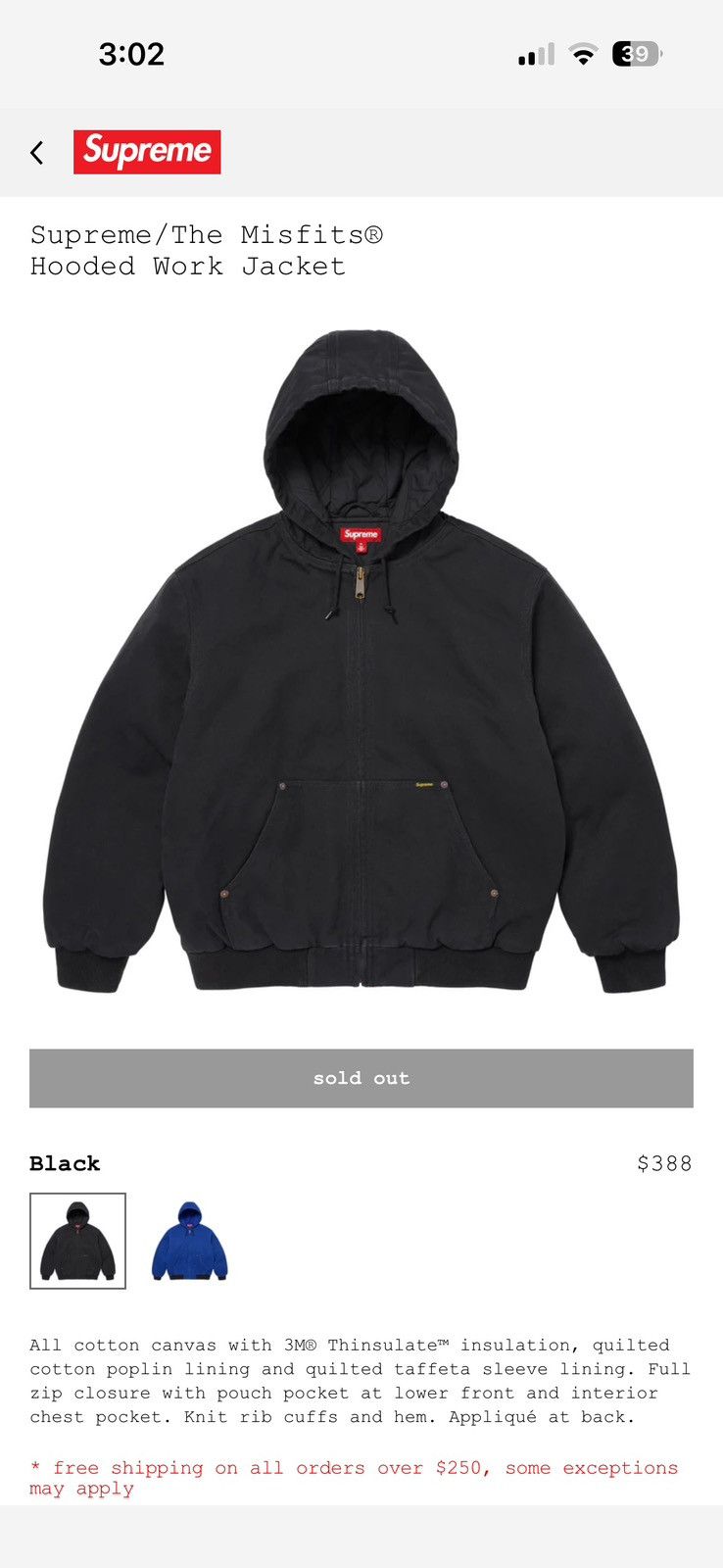Supreme Supreme X misfits hooded work jacket Size US M / EU 48-50 / 2 - 3 Thumbnail