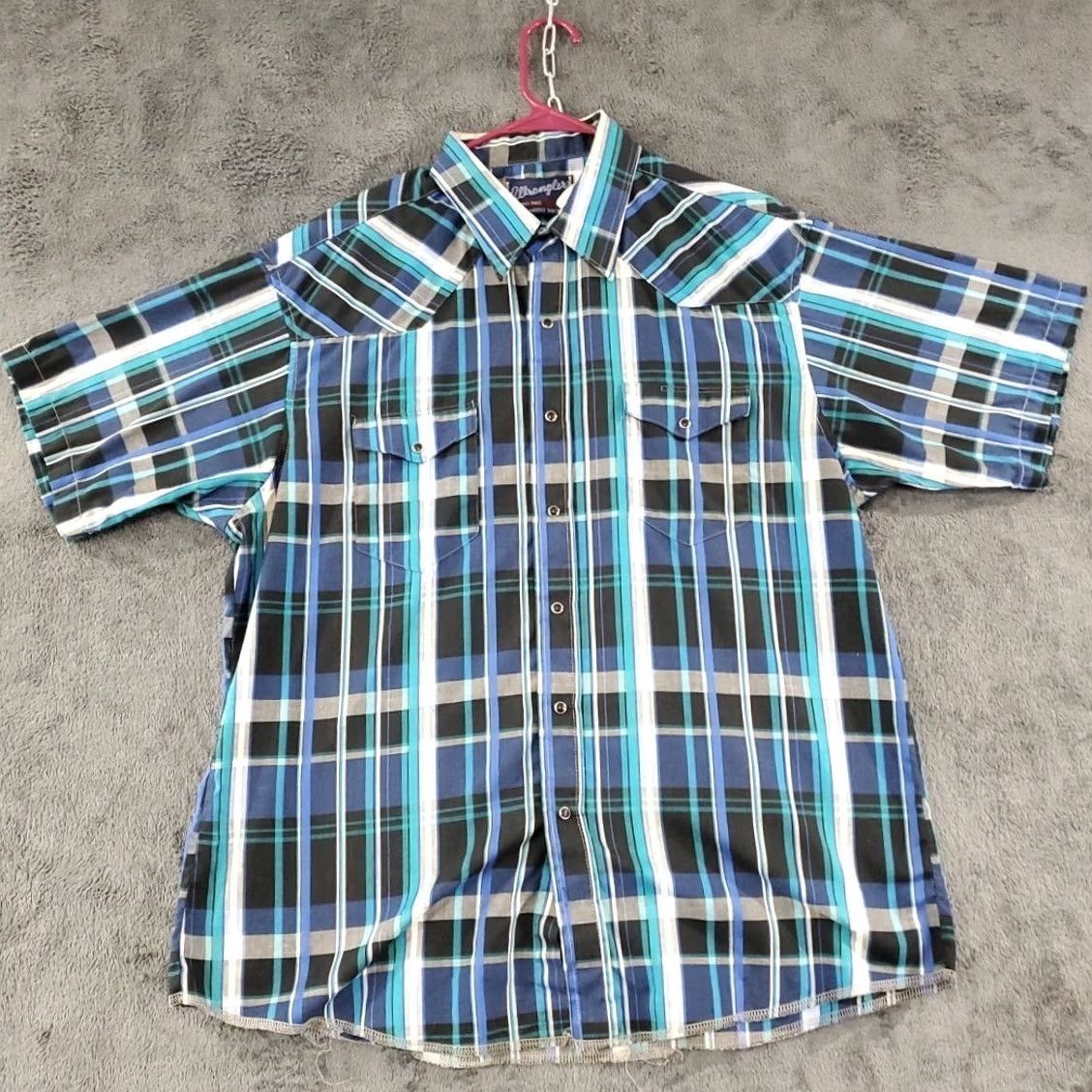 Wrangler VINTAGE Wrangler Button-Up Shirt Mens 17.5 Blue Green Plaid Pearl Snap X-Long Tails Cowboy 90s Style Snap Tailoring Wrangler Brand Size ONE SIZE - 3 Thumbnail