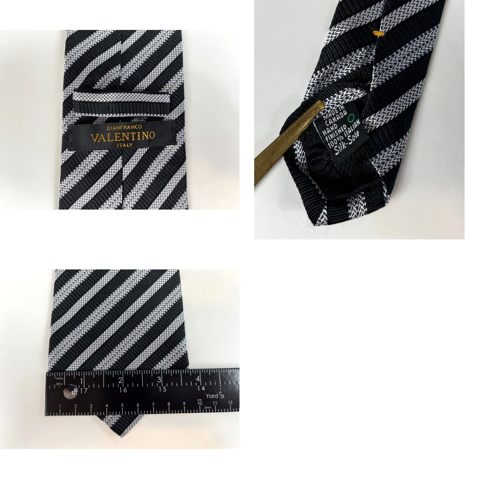 Valentino VINTAGE Gianfranco Valentino Silk Tie Striped Made in Canada Men Tie Black Silver 54.5" 3.75" Wide Short Styled Size ONE SIZE - 8 Thumbnail