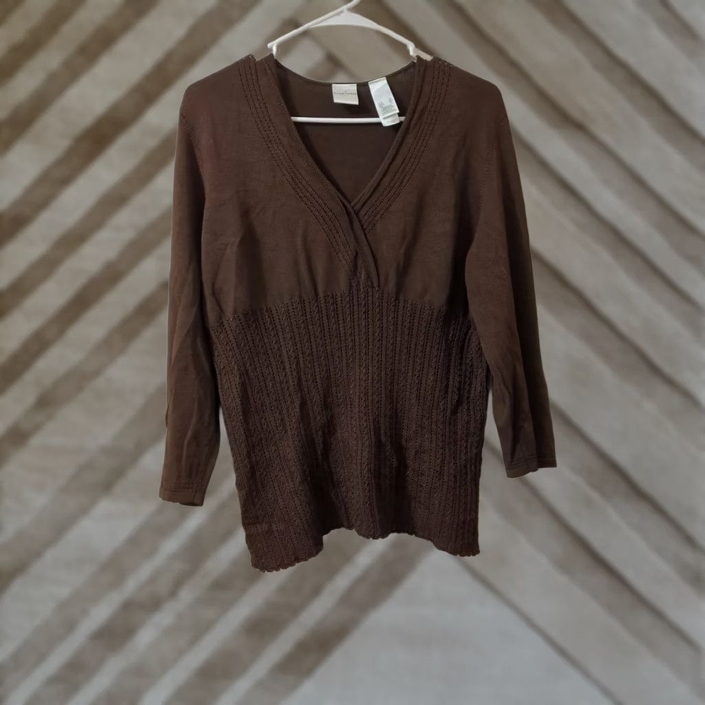 Vintage Emma James Women's Sweater XL 3/4 Sleeve Brown Pullover Knit V-Neck Regular Lightweight Cotton Rayon Size XL / US 12-14 / IT 48-50 - 1 Thumbnail