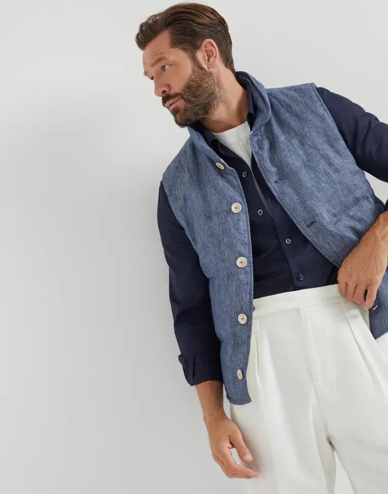 Brunello Cucinelli o1mle0725 Padded Linen Vests in Blue Size US M / EU 48-50 / 2 - 4 Thumbnail
