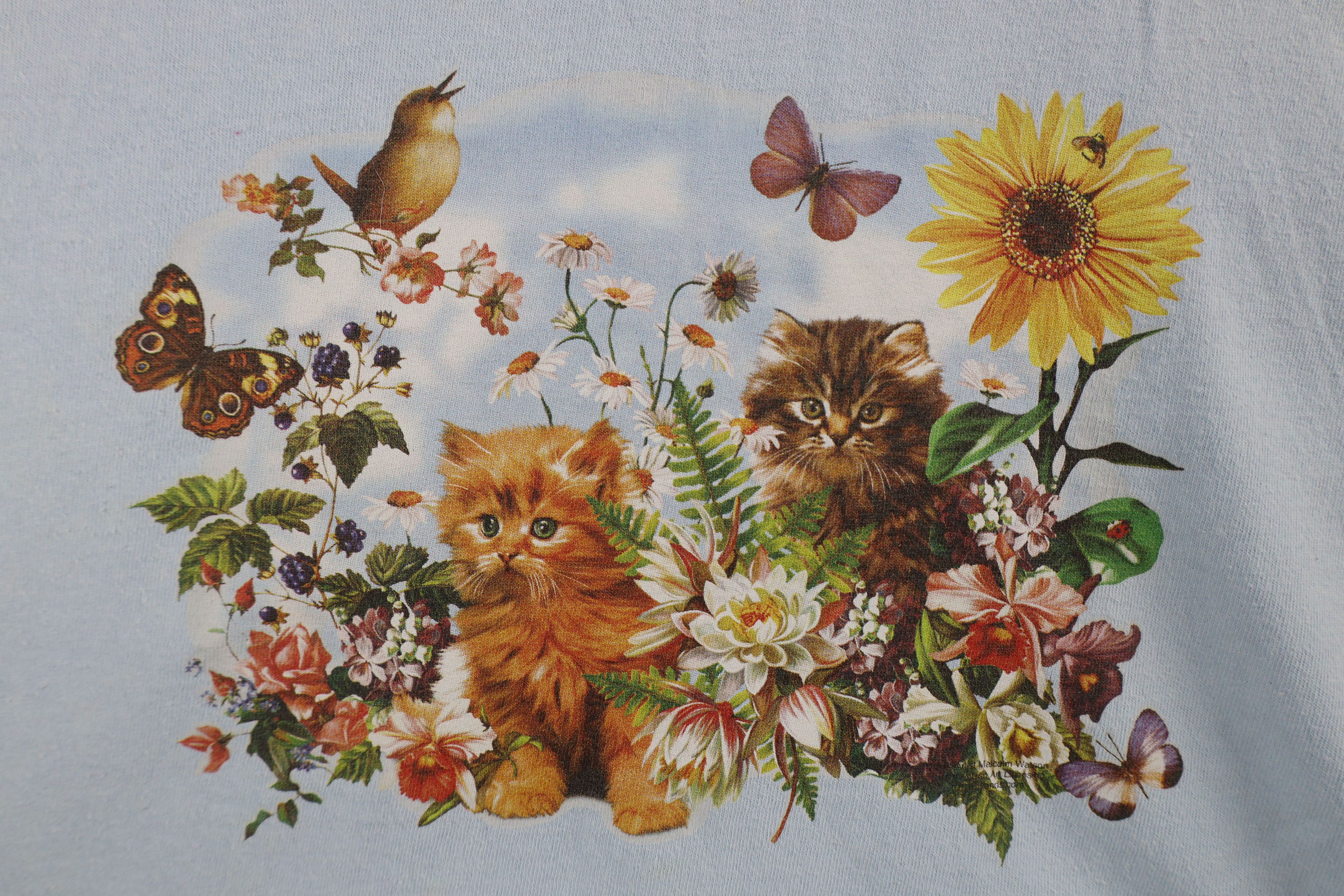Vintage Vintage 90s Streetwear Flower Cat Kitten T-Shirt Blue Size L / US 10 / IT 46 - 4 Thumbnail