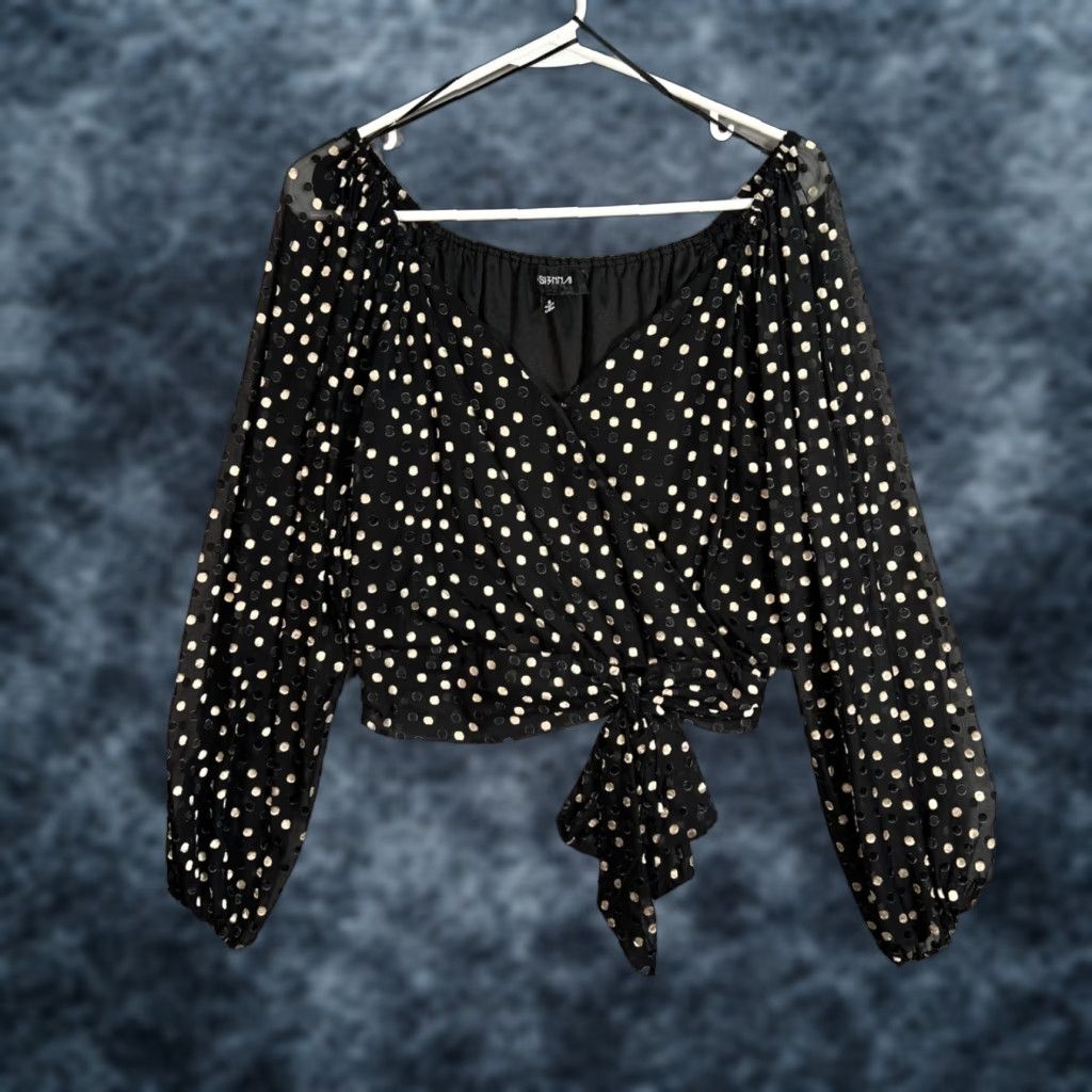 Vintage VINTAGE 4SI3NNA Black Polka Dot Wrap Blouse With Puff Sleeves & Tie Waist Size Small Size S / US 4 / IT 40 - 1 Thumbnail