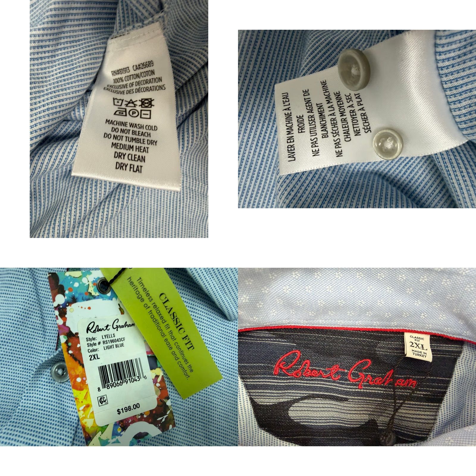 Robert Graham Robert Graham Shirt 2XL Mens Blue Cotton Button-Up Long Sleeve Pique Stretch Size US XXL / EU 58 / 5 - 9 Thumbnail
