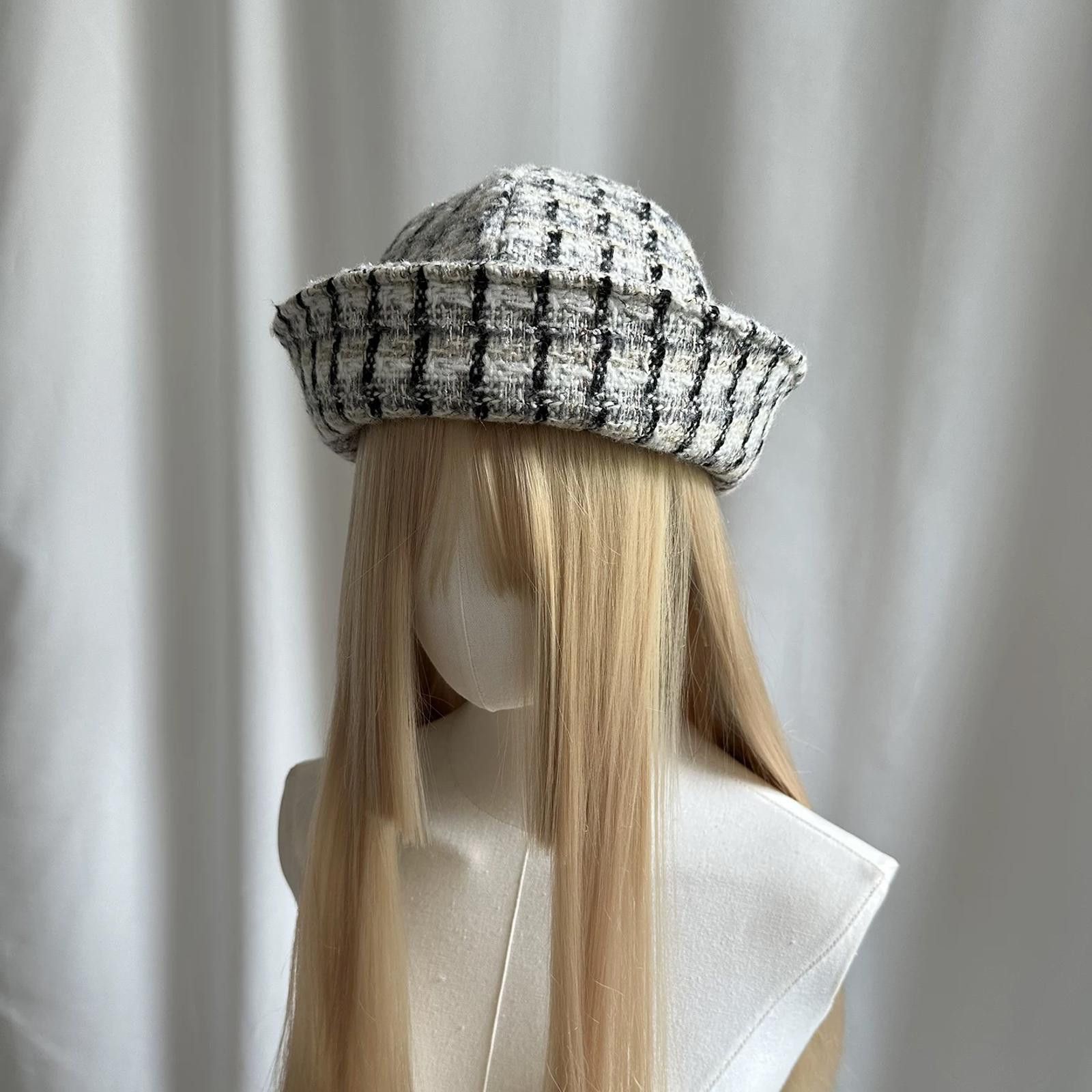 Japanese Brand Monochrome Tweed Beret Sailor Hat Y2K French Girl Aesthetic Size ONE SIZE - 4 Thumbnail