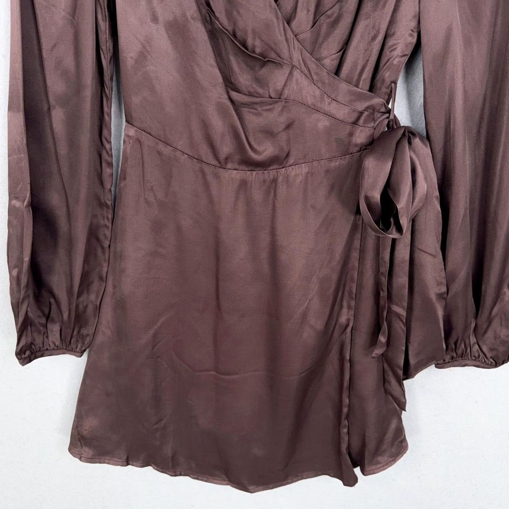 Krisa Krisa Dress Womens XS Brown Satin Wrap Long Sleeve Mini Made In USA Party NWT Size XS / US 0-2 / IT 36-38 - 3 Thumbnail