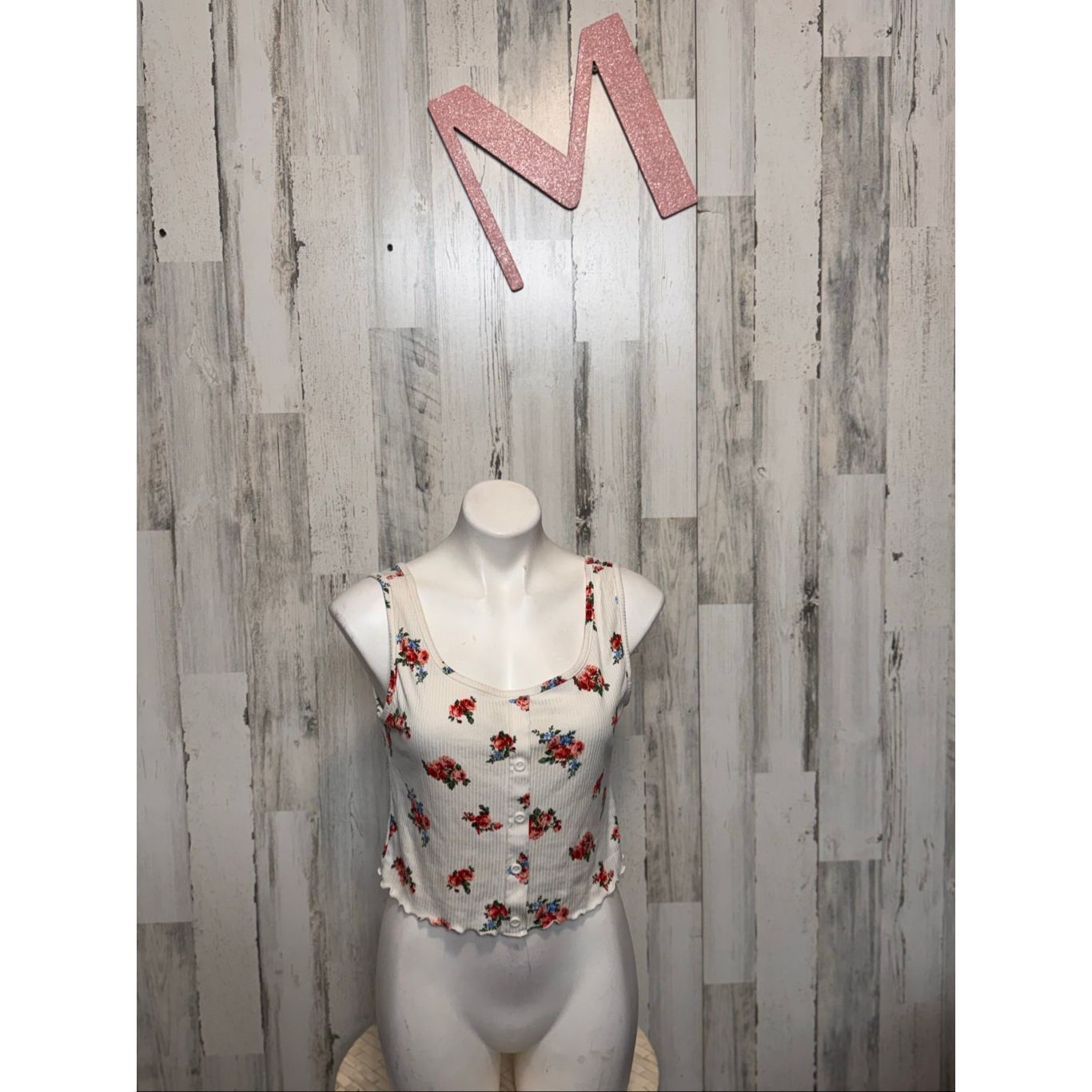 Other Gaze Floral Ribbed Button Crop Tank | White Red Blue Flower Size M / US 6-8 / IT 42-44 - 1 Thumbnail