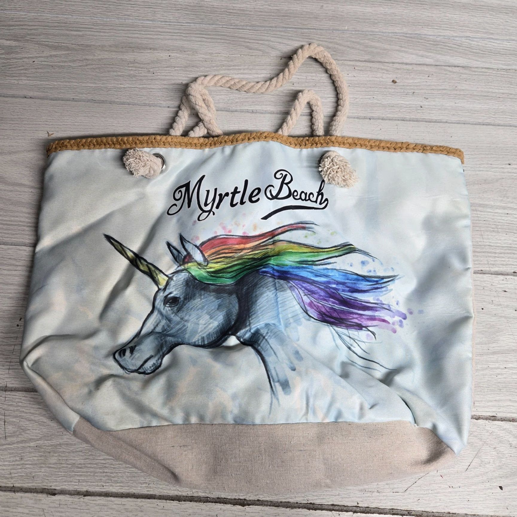 Vintage Myrtle Beach Tote Bag Canvas Beach Unicorn White Rope Straps Large Womens Bag Beach Tote Bag Cream Canvas Eco Friendly Logo 90s? Size ONE SIZE - 2 Thumbnail