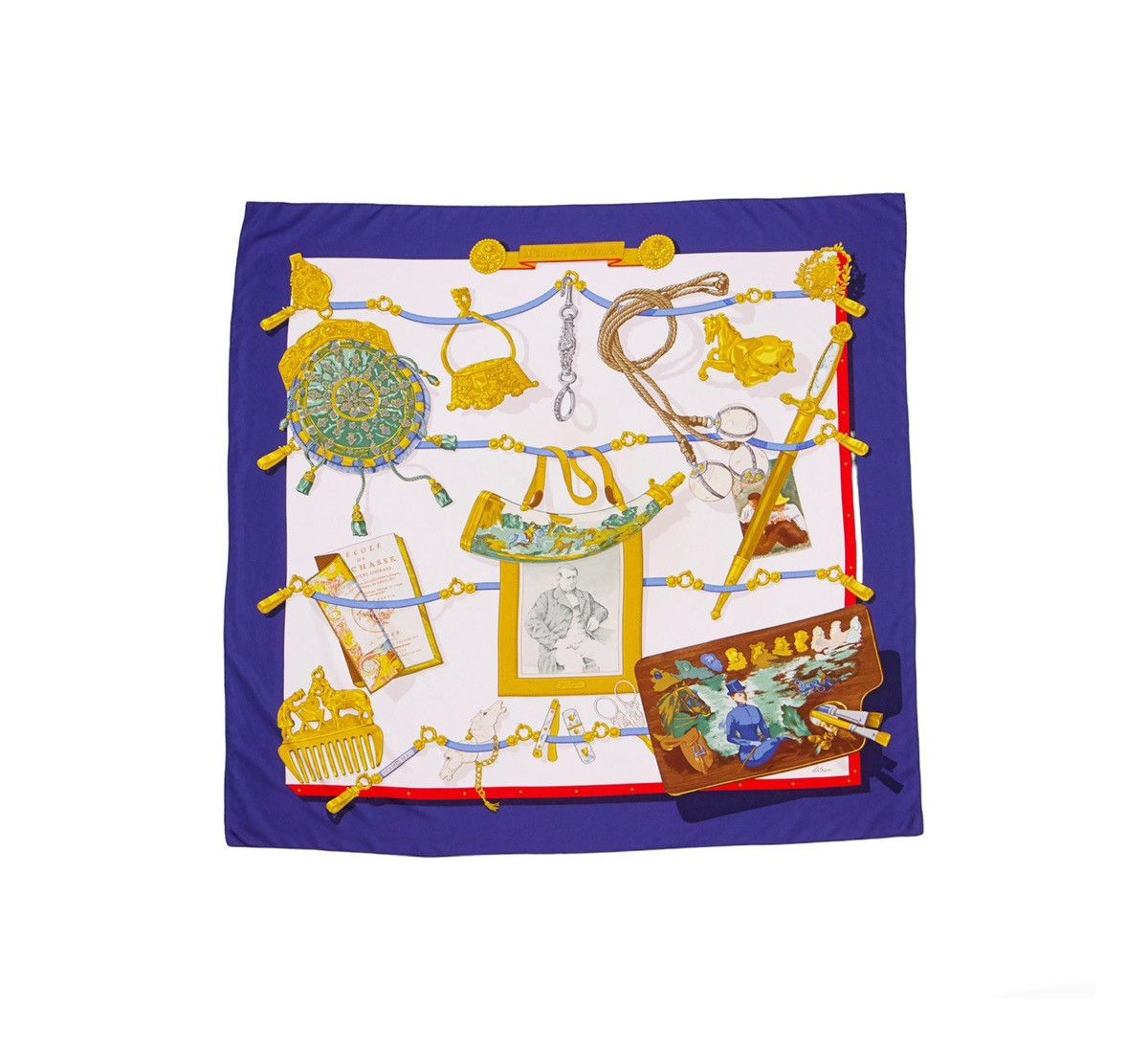 image of Hermes Carre 90 "memoire D'Hermes" Silk Scarf Shawl in Gold Navy, Women's
