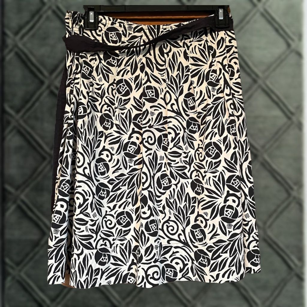 Bcbgmaxazria BCBGMAXAZRIA Skirt Adults Womens Knee Length A-Line Black Cream Silk Belted 2 MacIntosh Rose Morris Vintage No Size 26" / US 2 / IT 38 - 1 Thumbnail