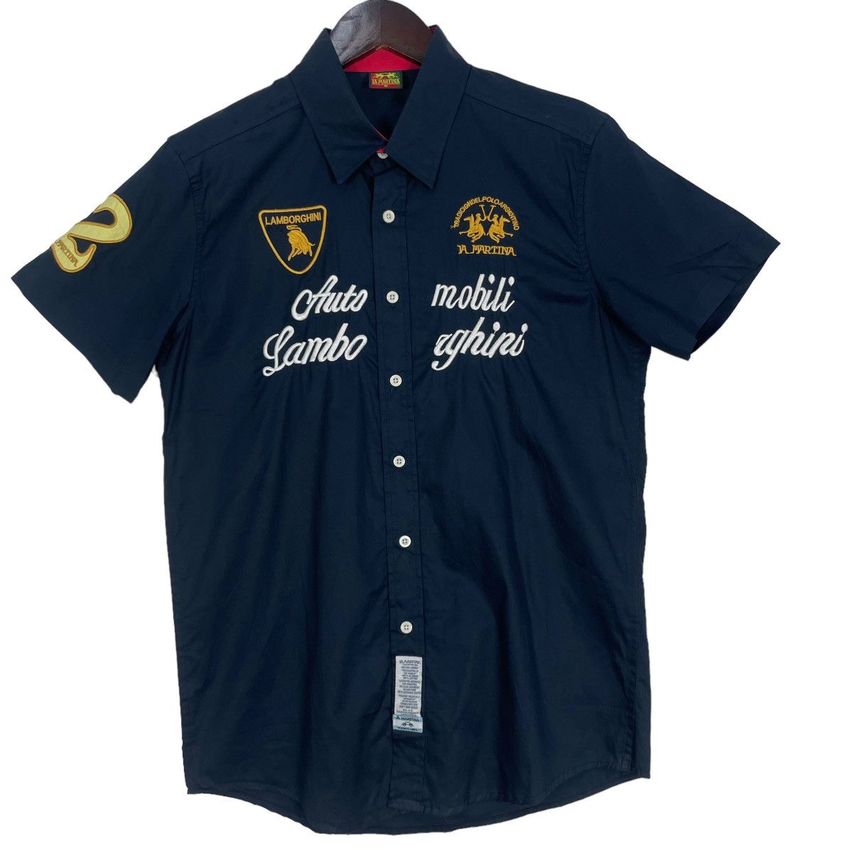 image of La Martina x Lamborghini Shirt Button Up Number 2 Logo Back in Navy, Men's (Size Small)
