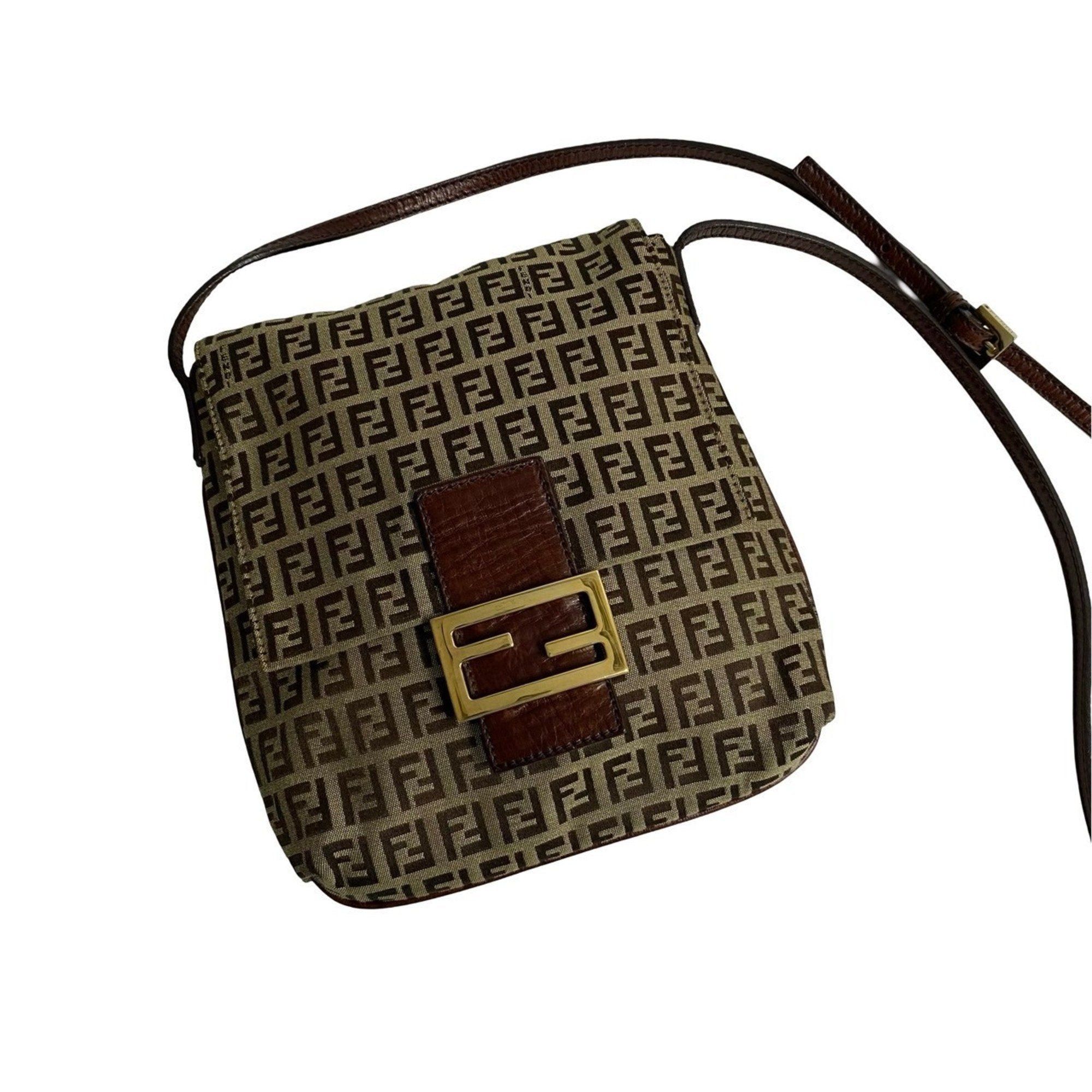 image of Fendi Zucchino Ff Pattern Canvas Leather Shoulder Bag Pochette Sacoche Brown 31090 in White, Women'