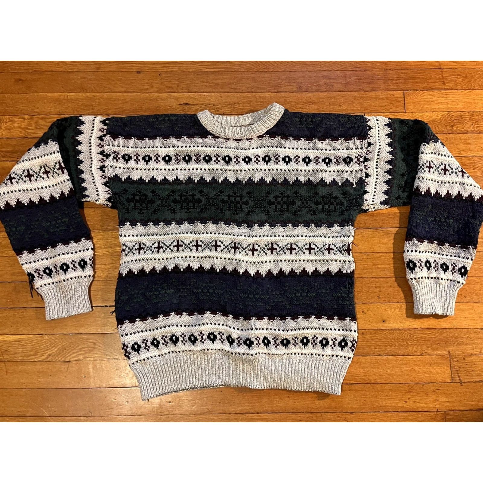 Vintage VINTAGE Adirondack Sweater Men’s Large L Beige Green Fair Isle Cardigan Knit Heavyweight 90s 80s Fall Winter Spring Summer Mens Size US L / EU 52-54 / 3 - 2 Thumbnail