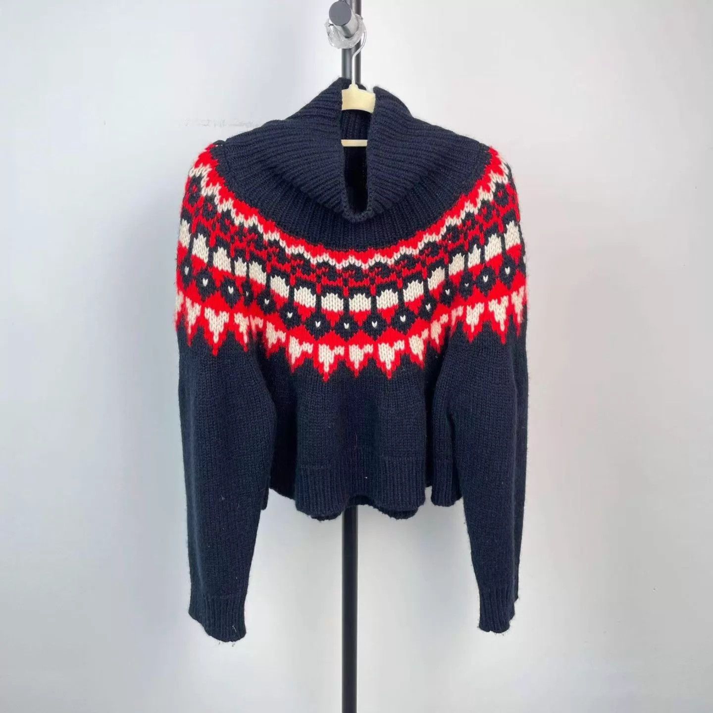 CELINE Navy & Red Fair Isle Turtleneck Sweater S