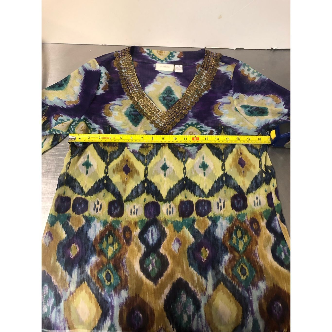 Chicos Chico’s Women’s Bohemian Patterned Sheer Tunic Blouse Metal Size M / US 6-8 / IT 42-44 - 5 Thumbnail
