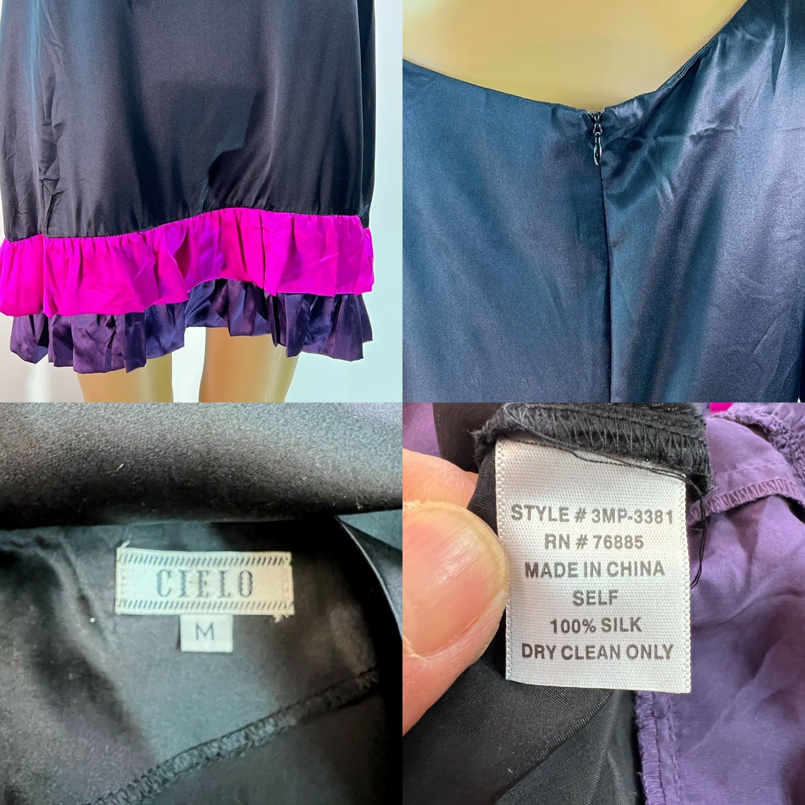 Vintage Cielo Dress Silk Boat Neck Casual Black Mini Ruffled Hem Half Sleeve Size M Women Satin 100% Silk Short Sheath Classic Casual Party/Cocktail Size M / US 6-8 / IT 42-44 - 8 Thumbnail
