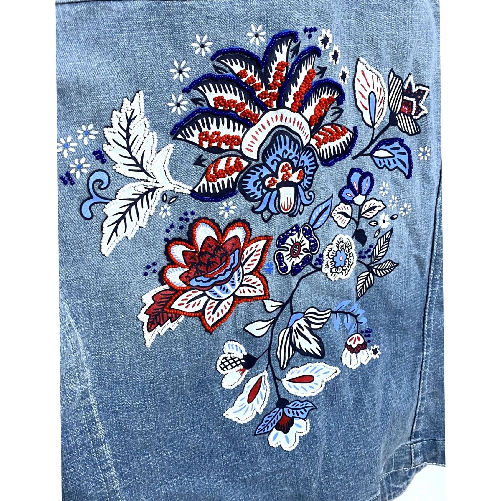 Denime VTG Live A Little Floral Beaded Jean Denim Jacket Women M Boho 90s Country Artsy Jacket Mens Women Girls Size 32" / US 10 / IT 46 - 4 Thumbnail