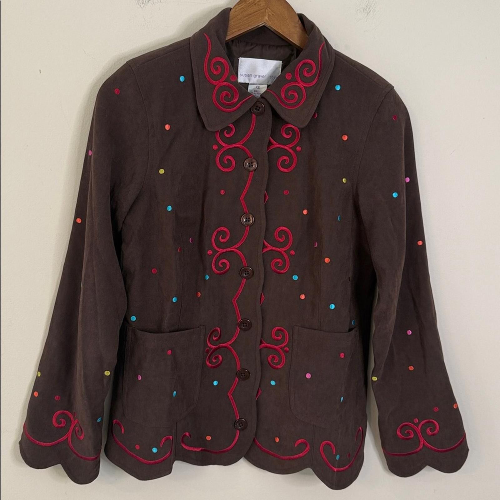 Other Susan Graver Chocolate Brown & red blazer scallop trim SZ SM Size S / US 4 / IT 40 - 1 Thumbnail