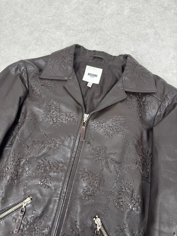 Moschino 2000s Moschino Brown Flowers Embroidery Leather Jacket Size S / US 4 / IT 40 - 5 Thumbnail