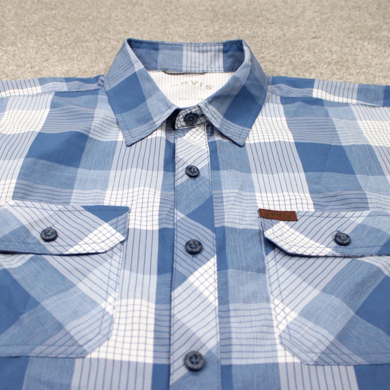 Orvis Orvis Button-Up Shirt Mens Large Blue/White Classic Collection Polyester S/S Plaid Casual Workwear Sportman Size US L / EU 52-54 / 3 - 4 Thumbnail