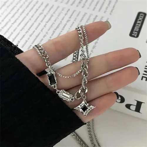 Vintage Zircon Star Double Layer Necklace Unisex Size ONE SIZE - 4 Thumbnail