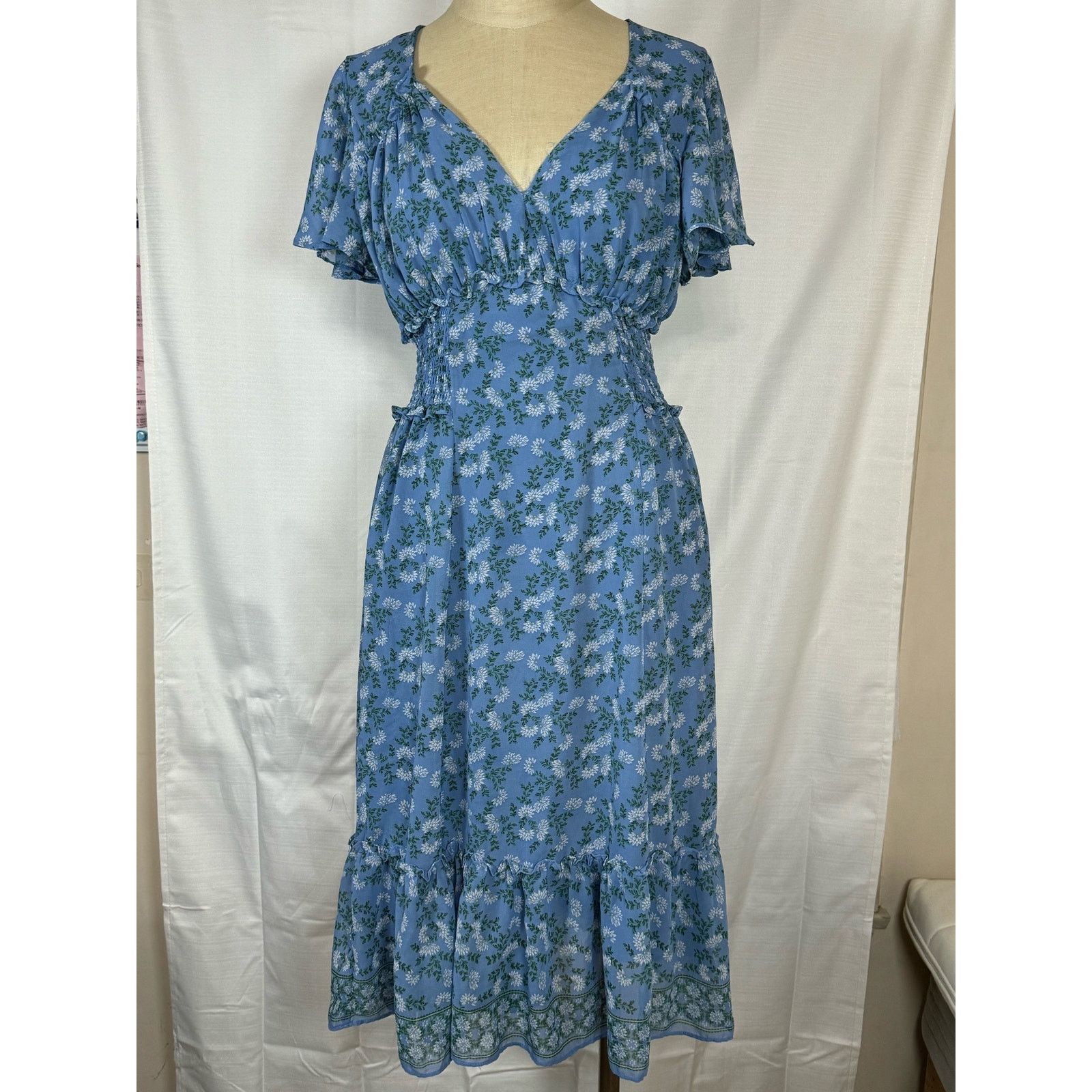 Unknown London Max Studio Floral Midi Short Sleeve Blue Dress V Neck Womens Size M / US 6-8 / IT 42-44 - 1 Thumbnail
