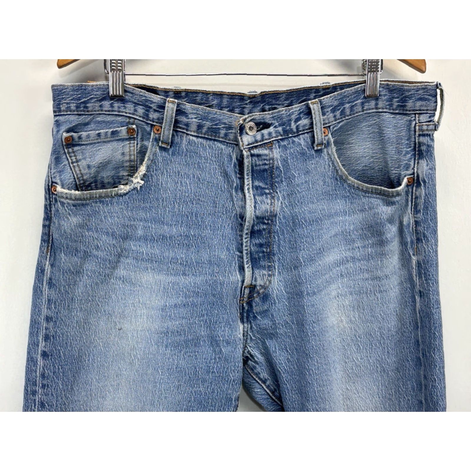 Levi's Levi's 501 Jeans Men's W38 x L30 Blue Denim Straight Leg Distressed Regular Fit 5-Pocket Cotton Blend Spandex Vintage No 90s City Hipster School Mens Size US 38 / EU 54 - 2 Thumbnail