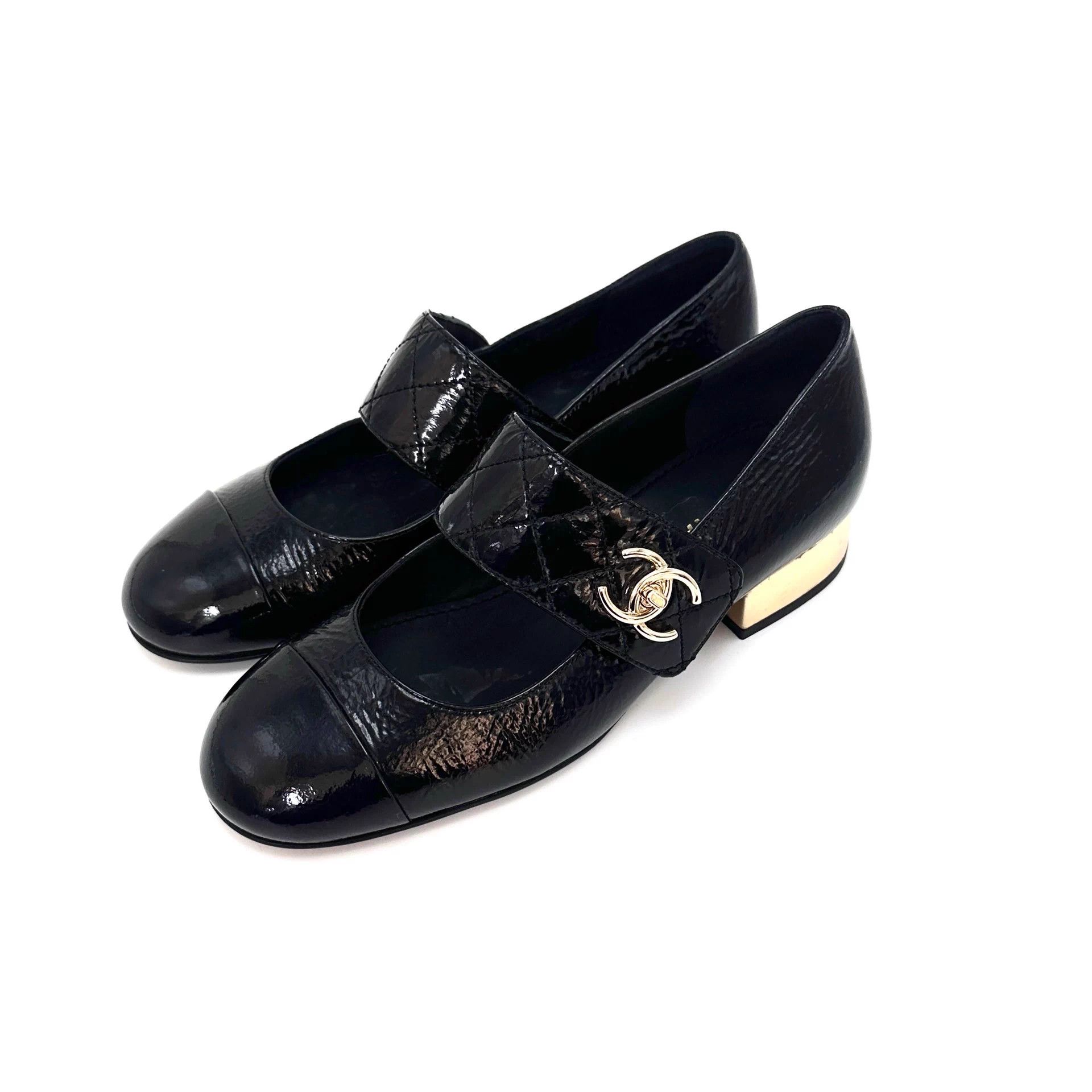 Chanel CHANEL Black & Gold Patent Block Heel Mary Jane 35 Size US 4.5 / IT 34.5 - 1 Thumbnail