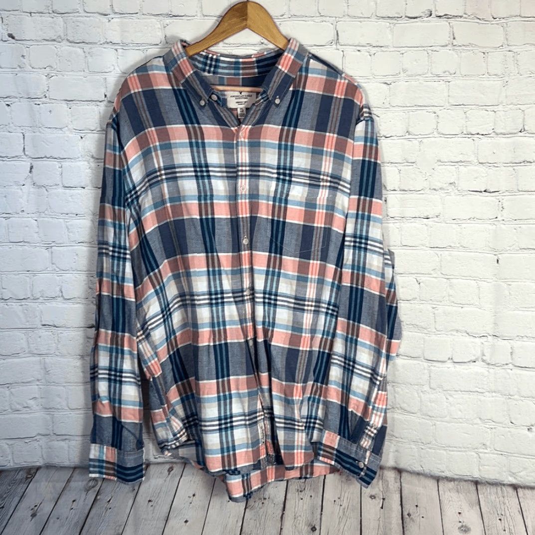 American Eagle Outfitters VINTAGE American Eagle Shirt Plaid Linen Button-Down Men 2XL Blue Orange Long Sleeve Size US XXL / EU 58 / 5 - 2 Thumbnail