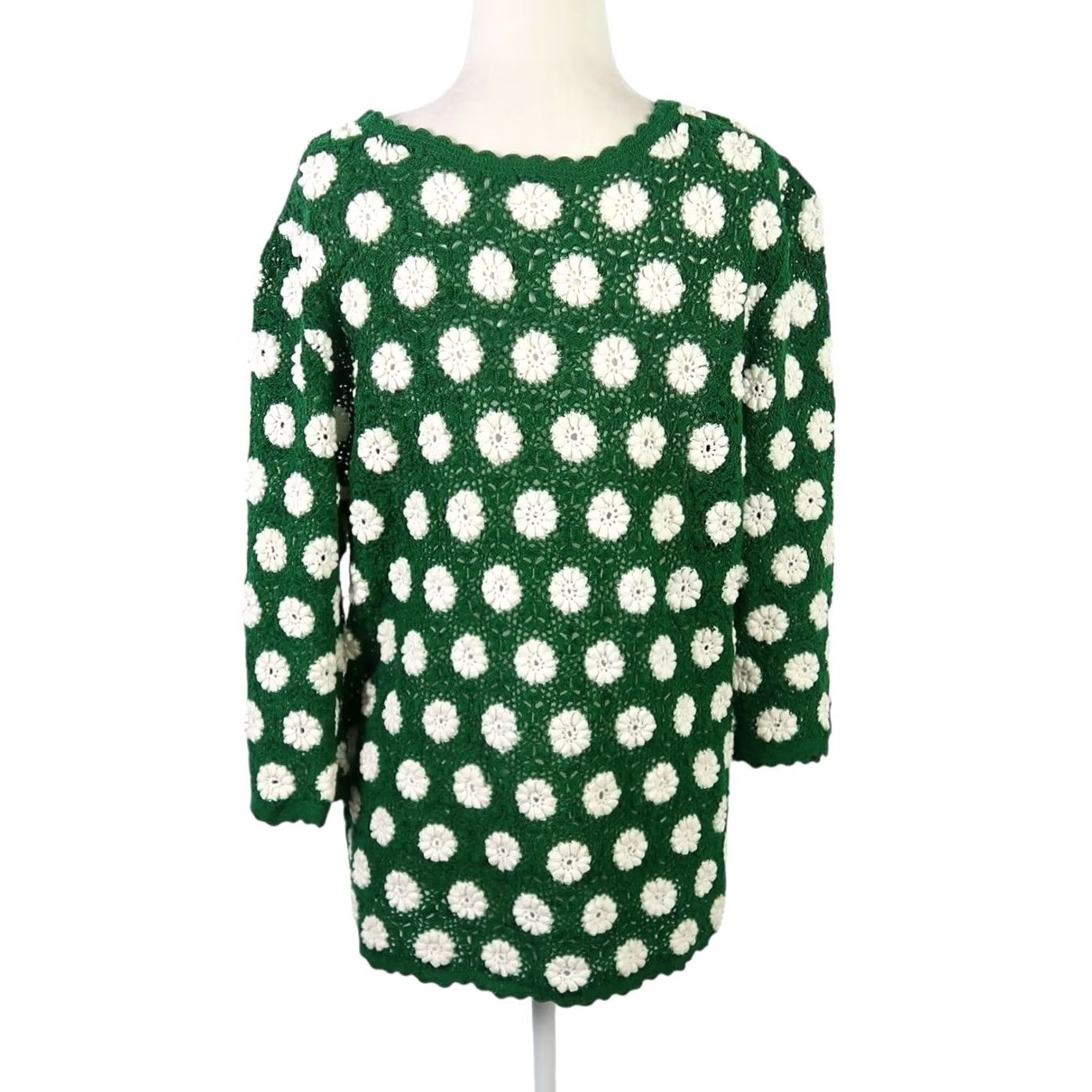 Vintage VINTAGE Sweater Floral Crochet Knit Dark Green White L Womens Long Sleeve Pullover Acrylic Bohemian Hippie 70s Size L / US 10 / IT 46 - 4 Thumbnail