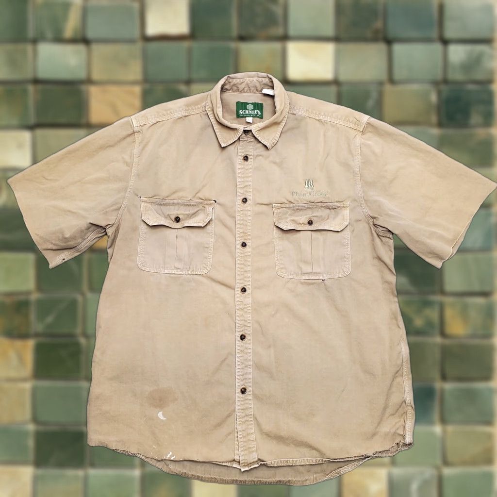 Vintage Schnees Shirt Mens L Khaki Canvas Outdoor Casual Cut Sleeves Distressed Work Button-Up Cotton Canvas Size US L / EU 52-54 / 3 - 1 Thumbnail
