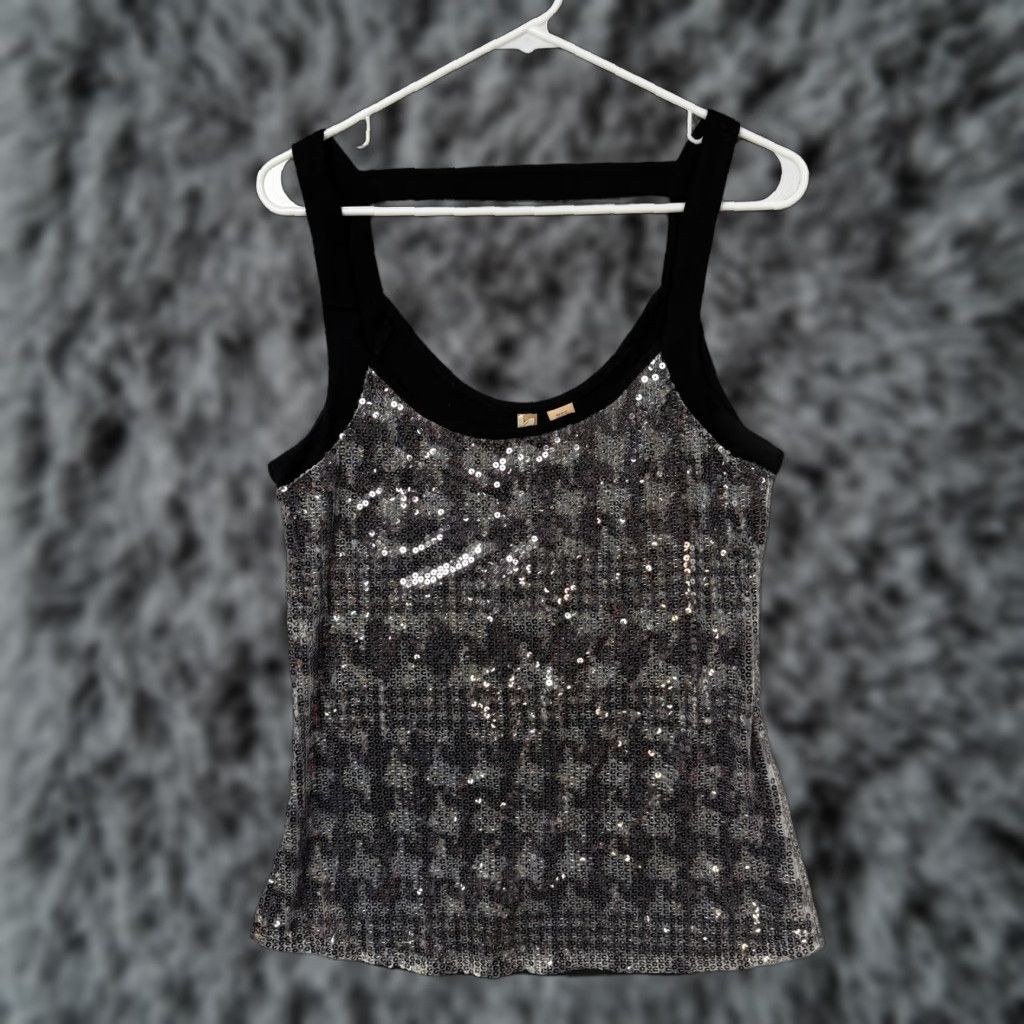 Vintage Eyeshadow Juniors Tank Top L Black Silver Sequin Check Houndstooth Cami Sleeveless Party/Cocktail Womens Girls Size L / US 10 / IT 46 - 1 Thumbnail