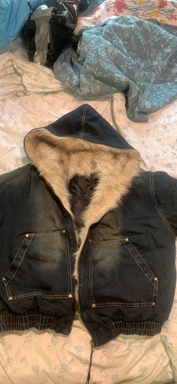 Vintage Washed Denim Fur Hooded Jacket Size US S / EU 44-46 / 1 - 2 Thumbnail