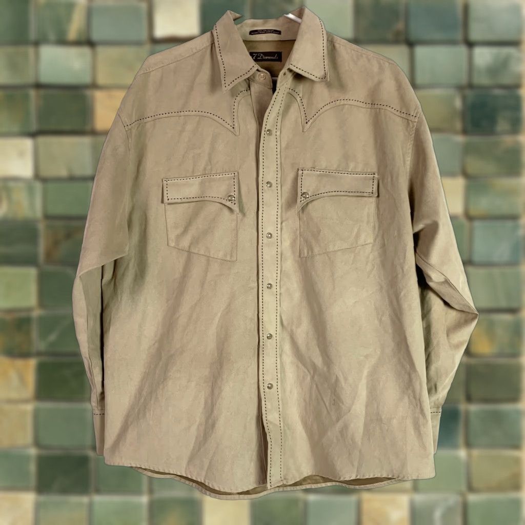 Vintage VINTAGE 7 DIAMONDS Western Shirt Long Sleeve Tan M Medium Pearl Snap Rodeo Faux Suede Accessories Pearl Snap Shirt 1990s Mens Size US M / EU 48-50 / 2 - 1 Thumbnail