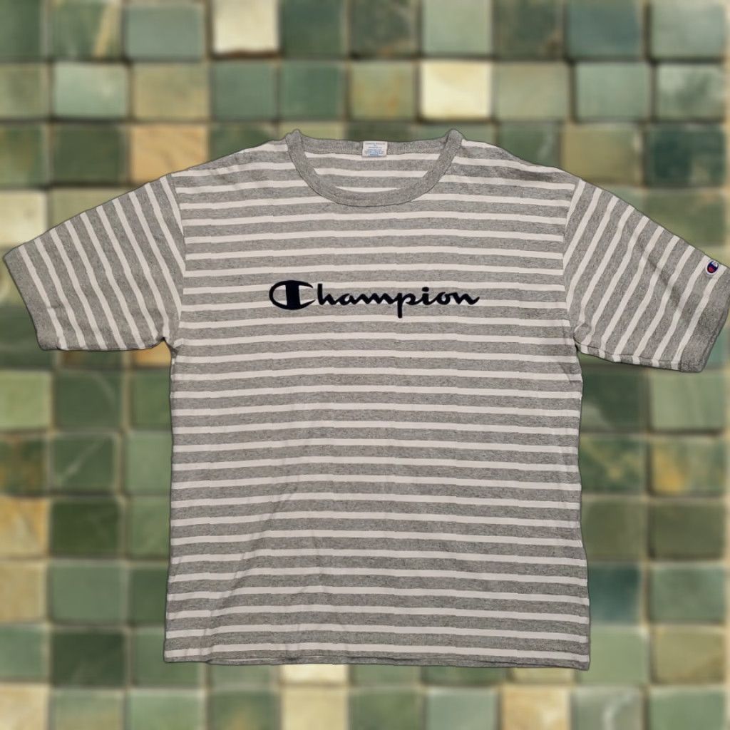 Champion VINTAGE Champion Shirt Mens Medium Gray Striped Embroidered Spellout Cotton Crewneck TEE Size US M / EU 48-50 / 2 - 1 Thumbnail