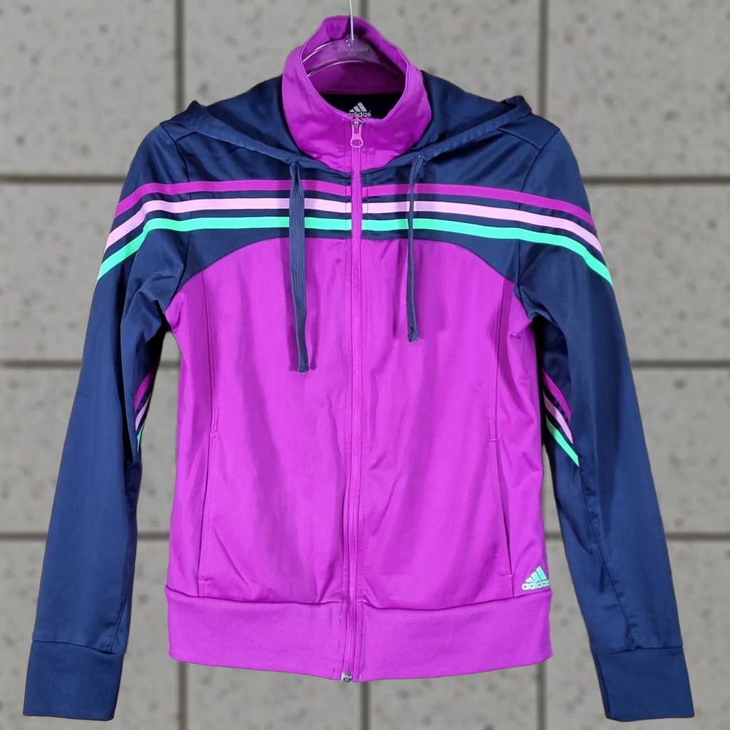 Adidas Adidas Track Jacket Womens Small Climalite Hooded Full Zip Striped Purple Navy Size S / US 4 / IT 40 - 1 Thumbnail