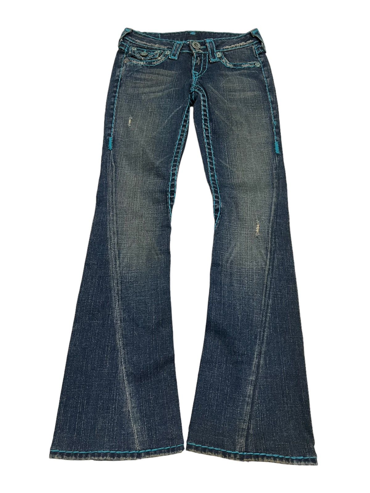 image of If Six Was Nine x Le Grande Bleu L G B True Religion Spiral Cut Flared Denim Pants in Blue Denim (S
