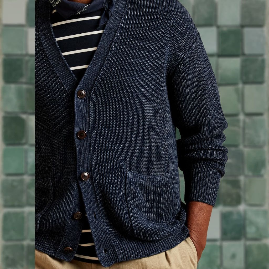 Banana Republic Cardigan Men Large Navy Blue Linen Relaxed Waffle-Knit V Neck Button Collared Long Sleeve Sweater Business Casual, Men's