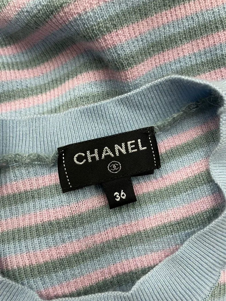 Chanel Chanel 25B pink blue striped cashmere short sleeves Size XS / US 0-2 / IT 36-38 - 5 Thumbnail