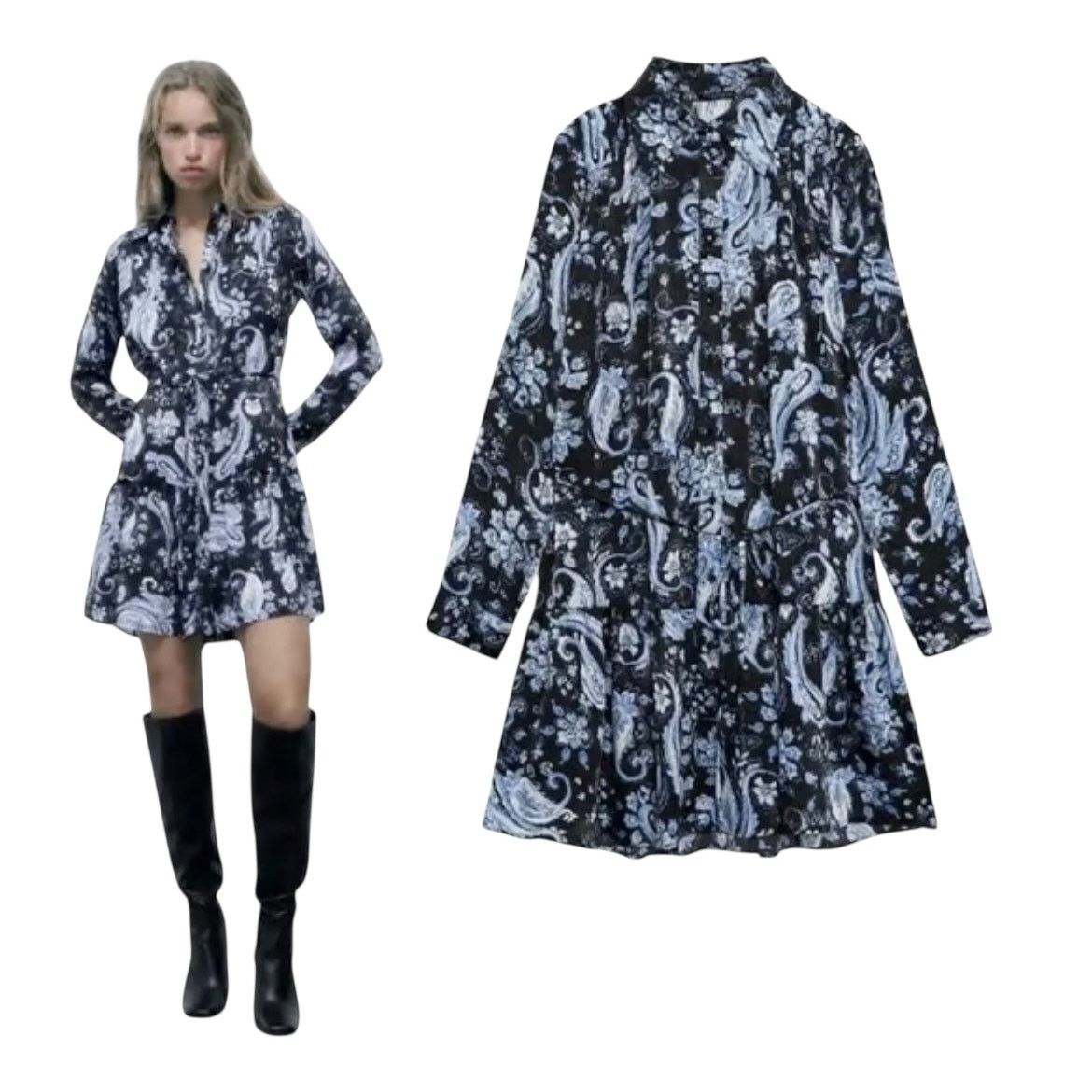 Zara ZARA Blue Black Printed Flounced Shirt Dress M Mini Belted Size M / US 6-8 / IT 42-44 - 2 Thumbnail
